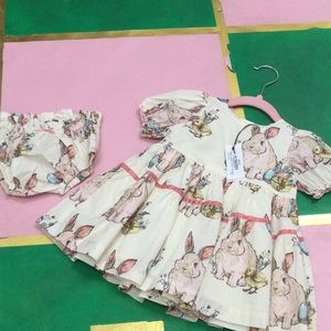NWT PINK CHICKEN MIRABELLE DRESS SET IN PRINT BUNNY FRIENDS